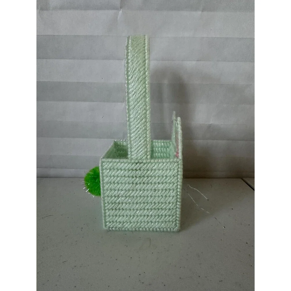 Mini Easter Basket Pale Green Sparkly Bunny Colorful Plastic Canvas Handmade